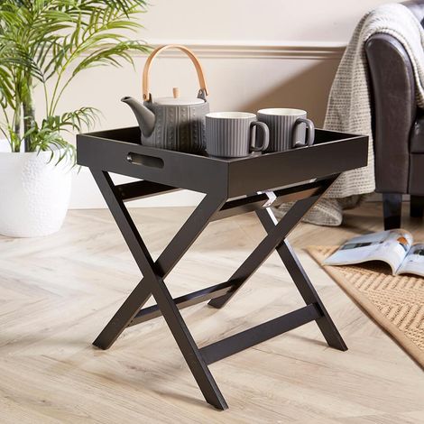 Black Folding Butlers Side Table Portable Wooden Food Serving Tray Drink Dinner