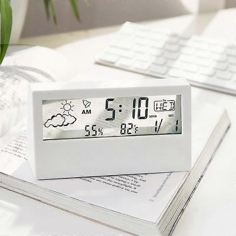Réveil électronique de bureau LCD, affichage numérique, thermomètre et hygromètre multifonctionnels, blanc transparent. (1/4)