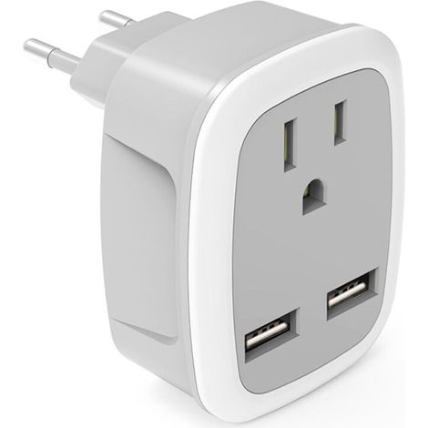 Adaptateur Prise USA vers UE - Prise Murale AC 2500 W - 2 Ports USB 2.4 A - Compatible Type B vers C E F - Dimensions 7 x 5.3 x 6.5 cm - 1 Pièce (1/5)