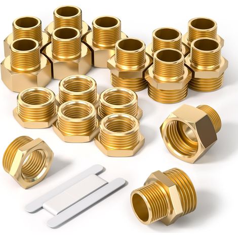 18pcs 1/4" to 3/8" Female and Male BSP Brass Thread Hexagonal Nipple and Reducer Hex Socket Connector for Pipe Connection Conversion (1/5)
