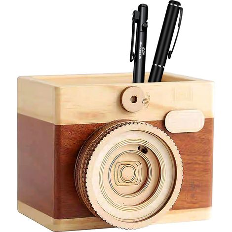Porte-stylo en bois, organisateur de crayons de bureau en forme d'appareil photo Vintage Unique pour bureau d'étude (1/5)