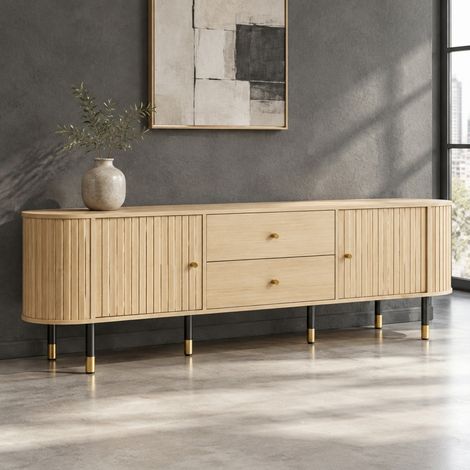Mueble TV 180/40/58 cm efecto madera natural con puertas correderas y 2 cajones (1/5)