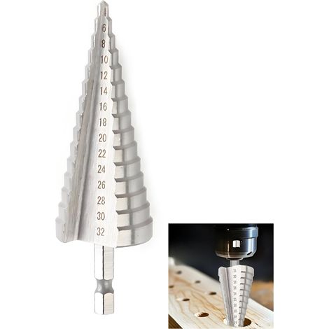 fraise metal,Metal HSS Foret Étagé Queue 6 Pans Avec meches perforeuse conique 4-32 Mm Pour Bois Plastique Aluminium Acier Laiton Bricolage Atelier Applications Multi-Matériaux (1/5)