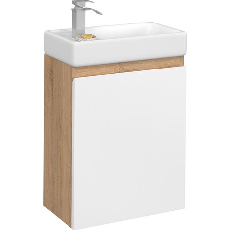 TOMI Mobile lavabo sospeso a 1 anta in faggio e bianco con lavabo in ceramica bianca (1/5)
