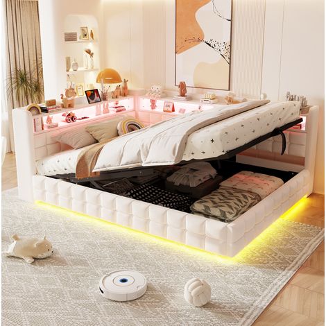 Letto imbottito 140/200 cm beige con vano contenitore, LED, prese USB e scaffali (1/5)
