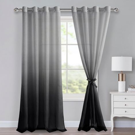 Rideaux en voile avec œillets, rideaux dégradés, rideau Sheer Ombre, lot de 2 pour la chambre à coucher et le salon, rideaux à passants avec cintres à plis H245xL140cm Noir (1/5)
