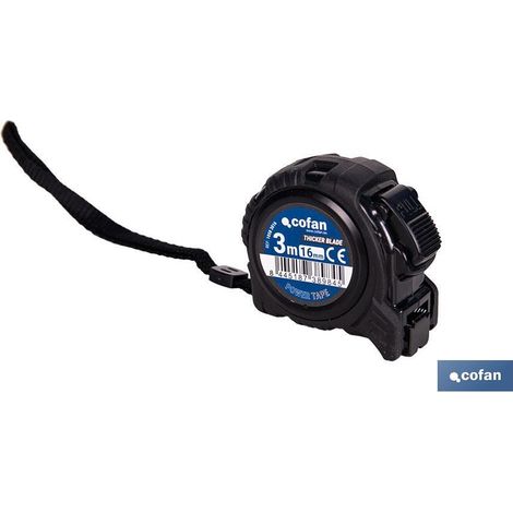 Flexómetro de hoja negra de doble cara con botón de bloqueo y funda antichoque 3m x 16mm fabricado en ABS y metal (1/4)