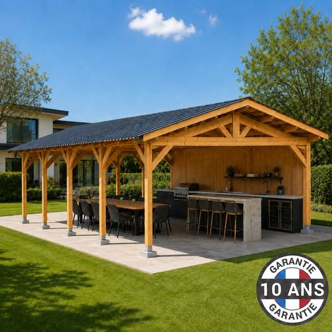 Carport bois 2 pentes en bois douglas 63 m², 10 poteaux avec pieds de poteaux réglables. Abri voiture extérieur. Garantie 10 ans. (1/5)
