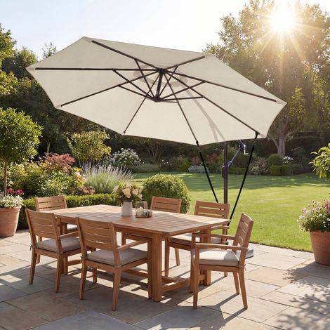 Parasol déporté d'environ Ø300 cm, inclinable, avec manivelle, pied en croix, haubans et housse de protection, blanc crème