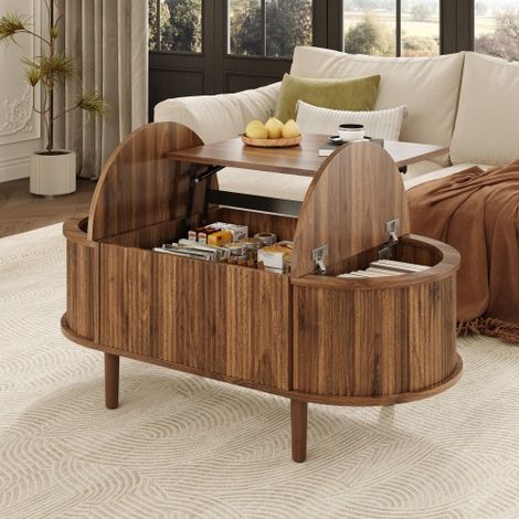 Table basse relevable multifonction 100x48x53,5cm avec rangement, style vintage multifonction pour salon, pieds en bois massif,couleur bois noyer (1/5)
