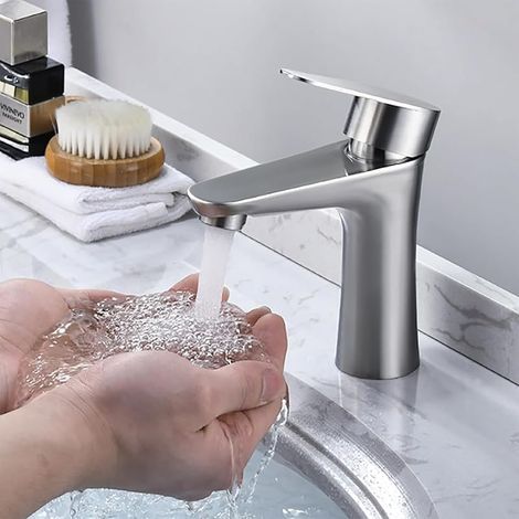 Robinet de salle de bain en acier inoxydable chaud et froid avec cartouche en céramique silencieuse, monocommande, mitigeur à économie d’eau pour lavabo de salle de bain, lavabo, coin cuisine (1/5)