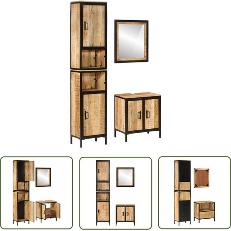 The Living Store 3-tlg. Badmöbel-Set Eisen und Massivholz Mango - Badmöbel Set - Badezimmermöbel - Eisenmöbel - Mangoholzmöbel - Handtuchhalter (1/5)