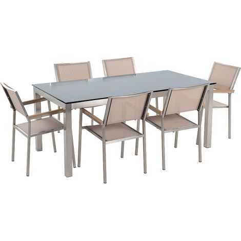 Conjunto de comedor de jardín beige con mesa 180 x 90 cm de vidrio negro 6 sillas Grosseto (1/5)