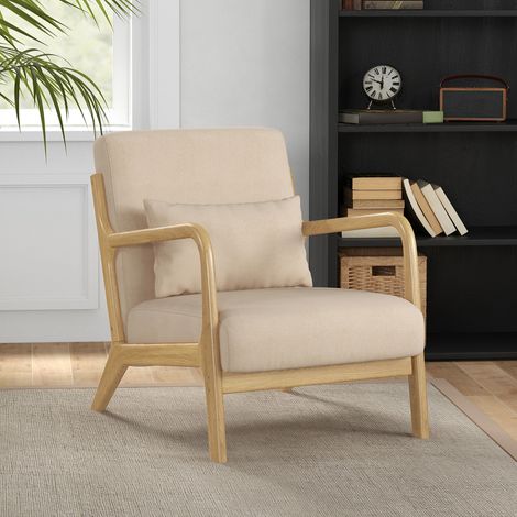 Fauteuil lounge - 3 coussins inclus - assise profonde - accoudoirs - structure bois hévéa - aspect velours beige