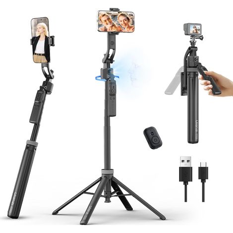TT23 Stativ mit automatischer Gesichtserkennung für Smartphones, 165 cm Selfie-Stick für Handys, 360° drehbares Stativ mit Bluetooth-Fernbedienung und Gestensteuerung für Action-Kameras (1/5)