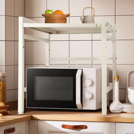 Support Extensible pour Four à Micro-Ondes à Charge Lourde, Support d'étagère pour Four à Micro-Ondes avec 6 crochets -Suspendus Organisateur de Rangement de Cuisine -Blanc (1/5)