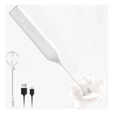 BUNTHAUS Mousseur à lait rechargeable, mousseur à lait électrique à 3 vitesses, avec poignée et accessoire fouet (blanc).