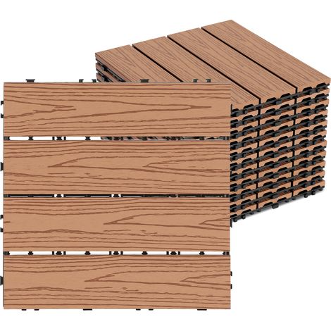 Randaco Lote de 11 baldosas para terraza WPC de 4 listones, 1 m², 30 x 30 cm, baldosas encajables, compuesto de madera, Marrón. (1/5)
