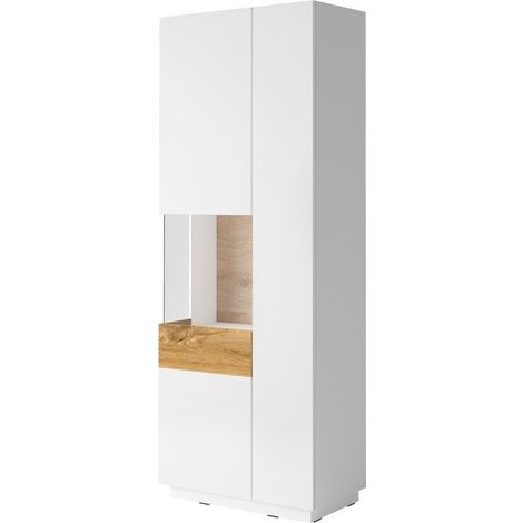 Estantería Livlore 100, Blanco + Blanco brillante + Roble wotan, Cerrable, Con puertas, Aglomerado laminado, Vidrio, Número de puertas: 2, Número de cajones: 0, 207x80x40cm (1/5)