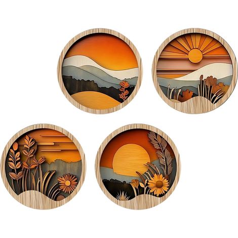 Déco murale bohème bois – 4 cadres ronds 20×20 cm, ferme/cheminée/porche (1/4)