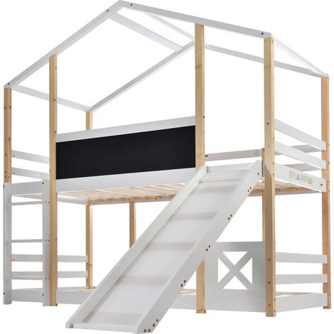 Lit cabane enfant avec toboggan et échelle 90 x 200 cm blanc et bois, 2 sommiers à lattes, MODENUIT (1/5)