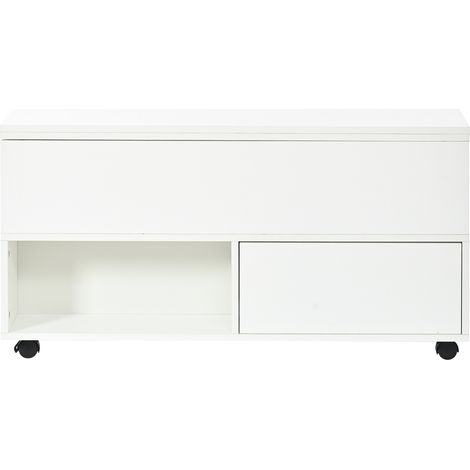 Table basse relevable blanche avec rangement, 4 tiroirs et roulettes, transformable en bureau ou table à manger, 100 x 50 x 52 cm (1/5)