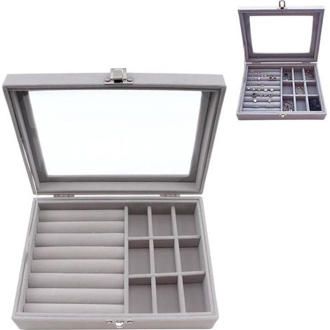 Boîte à bijoux – Couvercle en verre – Avec serrure – Grise – 9 compartiments – Voyage et rangement – Femme (1/5)