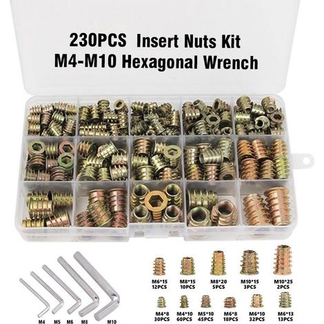 230 Pièces Alliage de Zinc Insert Fileté Hexagonale Écrous Inserts Fileté Insert Écrous Filetage Extérieur M4 M5 M6 M8 pour Kit d'outils d'écrou pour Meubles en Bois
