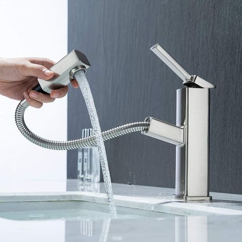 Robinet d'évier à douchette extractible pour salle de bain, mitigeur à poignée unique, pour trou unique (standard, nickel brossé) (1/5)