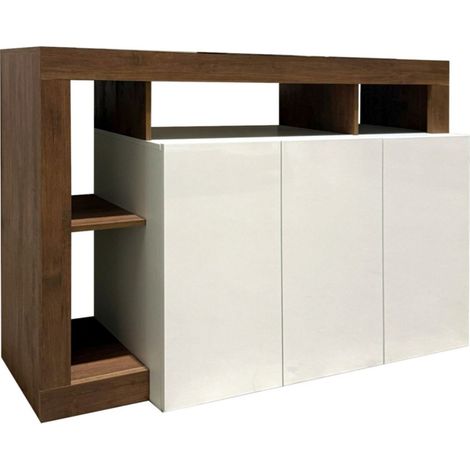 Buffet BURA 3 puertas 146 cm – Blanco brillante y aspecto madera oscura – Diseño contemporáneo (1/5)