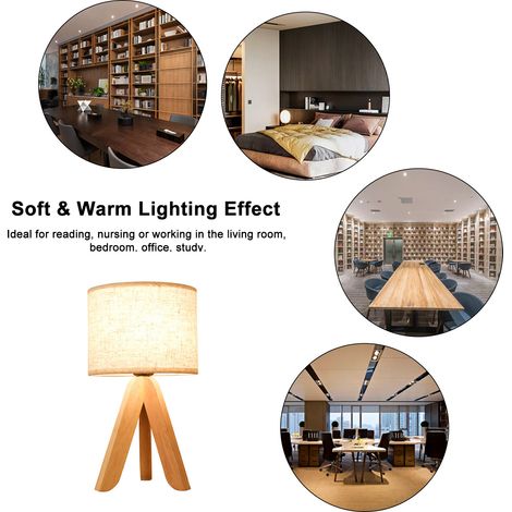 Lampe de chevet LED en bois, trépied, abat-jour en lin Vintage pour chambre à coucher, salon, douille E27 (ampoule non incluse) (1/5)
