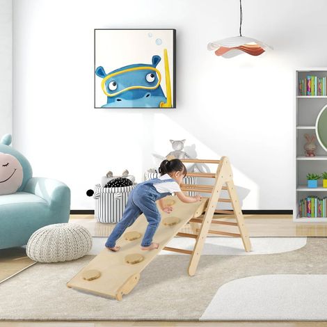 Triangle d'escalade enfant en bois naturel 3-en-1 avec rampe réversible réglable pour chambre, salle de jeux et intérieur (1/5)