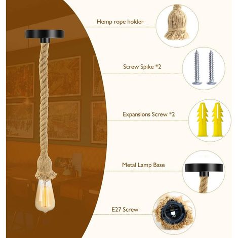 GROOFOO E27 Rétro Lustre en Corde de Chanvre Lampe Suspensions Rétro Lustre plafond Lampe en Corde de chanvre PR Bar Rope Cafe Stair Restaurant Studio -150cm (1-light) (1/4)