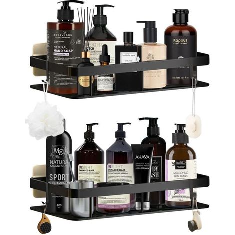 2pcs Etagere Douche sans Percage Noir Etagere Salle de Bain Espace Aluminium mit 4 Crochets et 6 Adhésives Rangement Salle de Bain sans Percage ou Forage Etagere Douche pour Cuisine Salle de Bain (1/5)