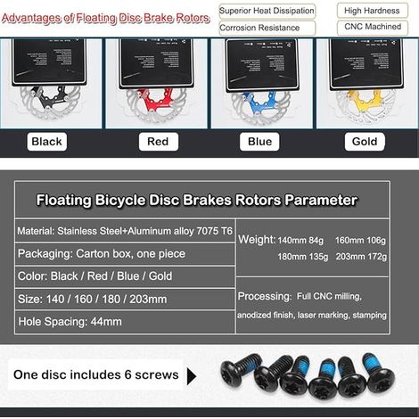 Bike Floating Brake Disc with 6 Screws 140mm 160mm 180mm 203mm Stainless Steel CNC Machined for Road Bike MTB BMX Gravel Bike Ebike (Gold, 140mm) (1/3)