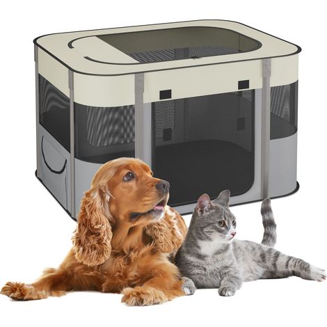 Relaxdays Folding Pet Playpen, 43x71x55 cm, Puppy Pen, Indoor & Outdoor, Portable Cat & Dog Run, Oxford Fabric, Multi