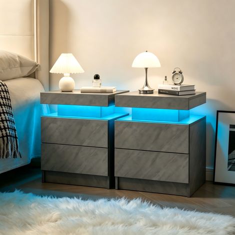 Set di 2 comodini LED, tavolino da letto moderno con 2 cassetti per camera da letto (Grigio Scuro) (1/5)