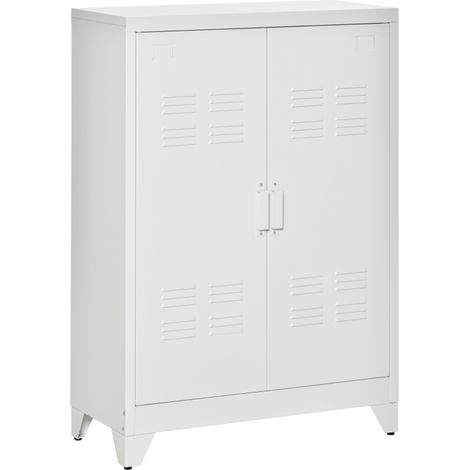 Mehrzweckschrank mit 2 Lamellentüren, 2 Verstellbaren Böden und Magnetverschluss, aus Metall, 75×33×110 cm, Weiß (1/5)