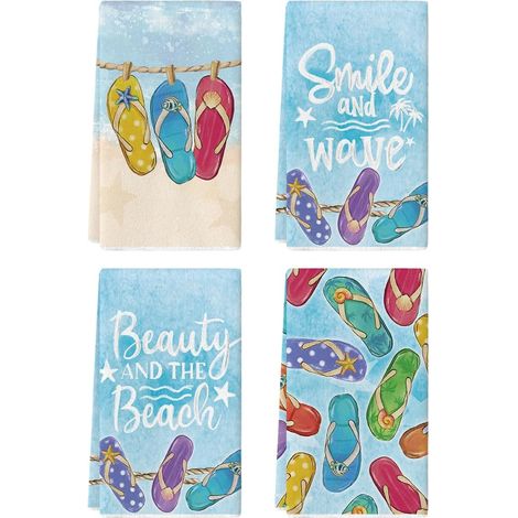 Lot de 4 torchons de cuisine d'été motif mer plage Smile and Wave - 42 x 65 cm - Décoration saisonnière - En polyester (1/5)