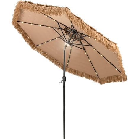 COSTWAY Sombrilla 270 cm Techo de Paja, Sombrilla Estilo Hawaiano con 32 Luces LED, 8 Varillas, Botón para Inclinación, Sombrilla Exterior con Doble Respiradero Playa Patio Terraza (1/5)
