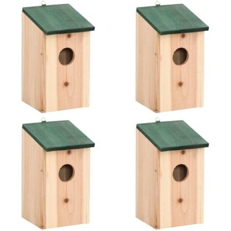 Lot de 4 nichoirs en bois de pin massif 12x12x22 cm - Cabane à oiseaux avec crochet métal de suspension - Trou d'entrée 4 cm (1/5)