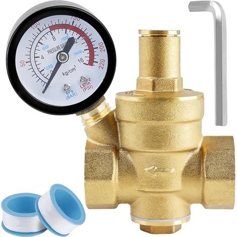 Réducteur de pression d'eau 3/4" DN20, Réducteur de pression d'eau en laiton avec jauge de pression et outils de réglage, Réducteur de pression d'eau réglable, Régulateur de pression d'eau 1,6MPA pour (1/5)