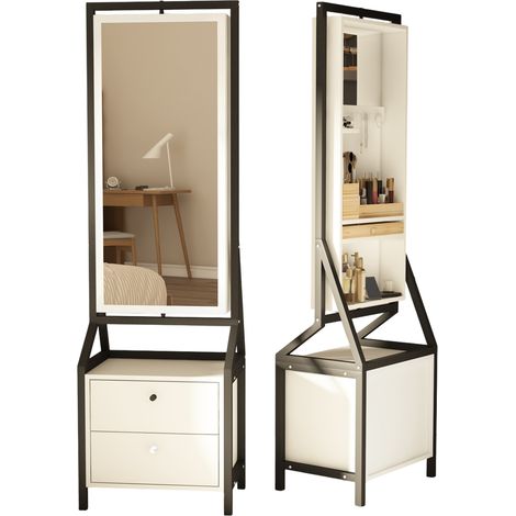 Espejo joyero giratorio 360° con cuerpo entero y 2 cajones, MDF blanco (1/5)
