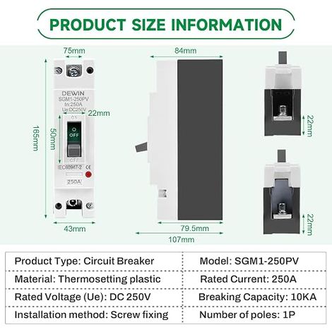 DEWIN DC 250A Circuit Breaker DC Housing MCCB Solar Battery Main Switch Battery Disconnector 1P 250A 250V (1/4)