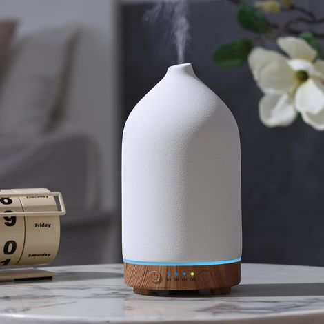 200ml céramique huile essentielle expanseur, ultrasonique aromathérapie expanseur et humidificateur d'air pour chambre à coucher, bureau, yoga, 7 lumières LED, arrêt automatique, 3 minuteries (1/5)