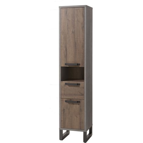 Colonna da bagno 2 Ante ed 1 Cassetto stile Industrial grigio e rovere h 190 cm (1/5)