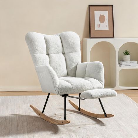 Fauteuil à bascule en tissu Teddy blanc avec repose-pieds (1/5)