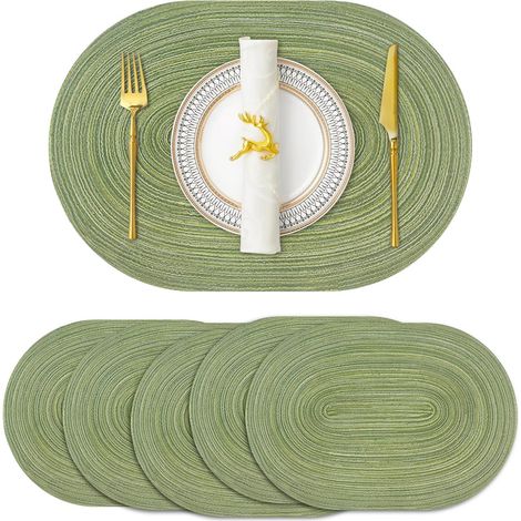 Platzsets – Untersetzer – Ovales Platzset – 45 x 30 cm – Gewebt – Hitzebeständig bis 85 °C – Rutschfest – Waschbar – Baumwolle/Polyester – 6 Stück – Grün (1/4)
