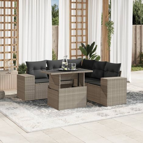 Canapé de Jardin 6 Places en Résine Tressée Gris Clair avec Coussins Anthracite - Ensemble Salon d'Extérieur Modulaire avec Table Réglable (1/5)