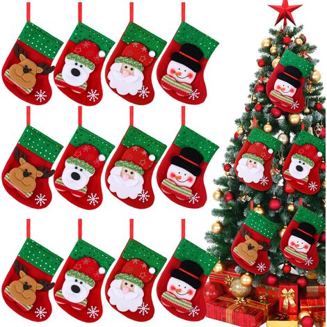 Lot de 12 mini chaussettes de Noël de 18 cm - Motifs bonhomme de neige, ours polaire, Père Noël et rennes, idéales pour le sapin de Noël, la décoration de cheminée, les cadeaux d'invités et les présen (1/5)